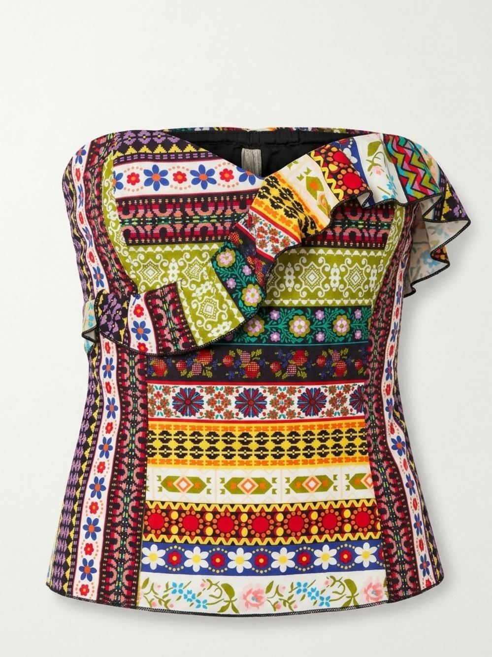 Strapless Ruffle-Trim Printed Bustier Dress — Multi